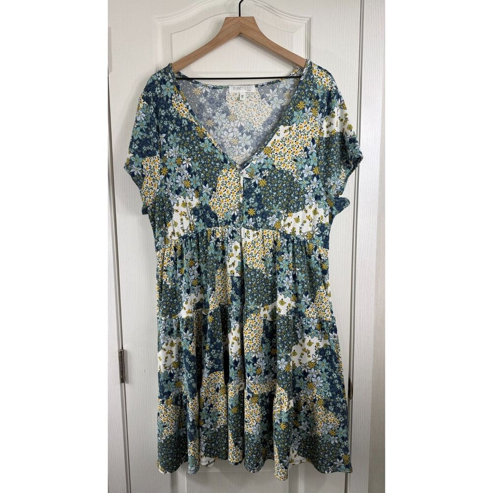 Planet Gold Plus Dress Women’s 2X Floral Patchwork Tiered Short Sleeve Boho